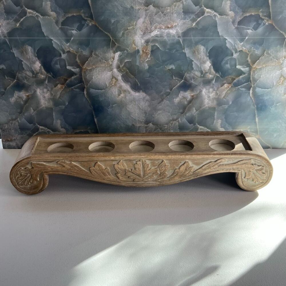 Hand-Carved Distressed Wood Candle Holder Tea Light Fits 5 Candles